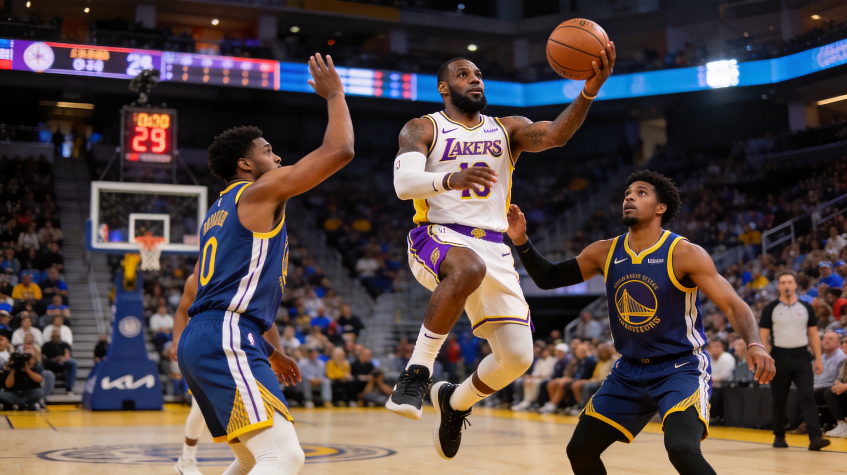 NBA篮球比赛现场球员突破上篮的画面